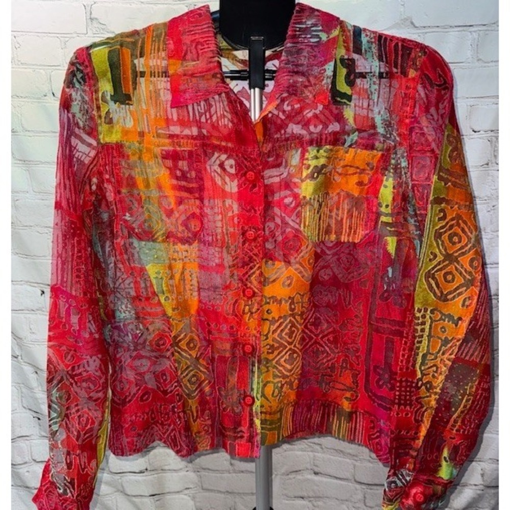 Vintage Erin London Sheer Artsy Art Boho Multicolor Tribal Aztec Jacket‎ Shirt